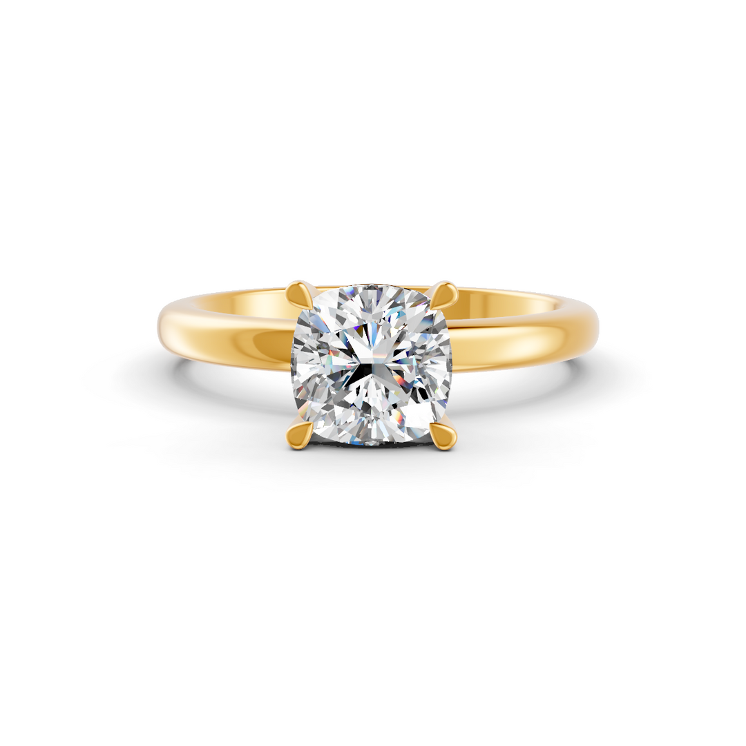 Cushion Cut Real Moissanite 4 Prong Solitaire Ring 14K Gold Plated