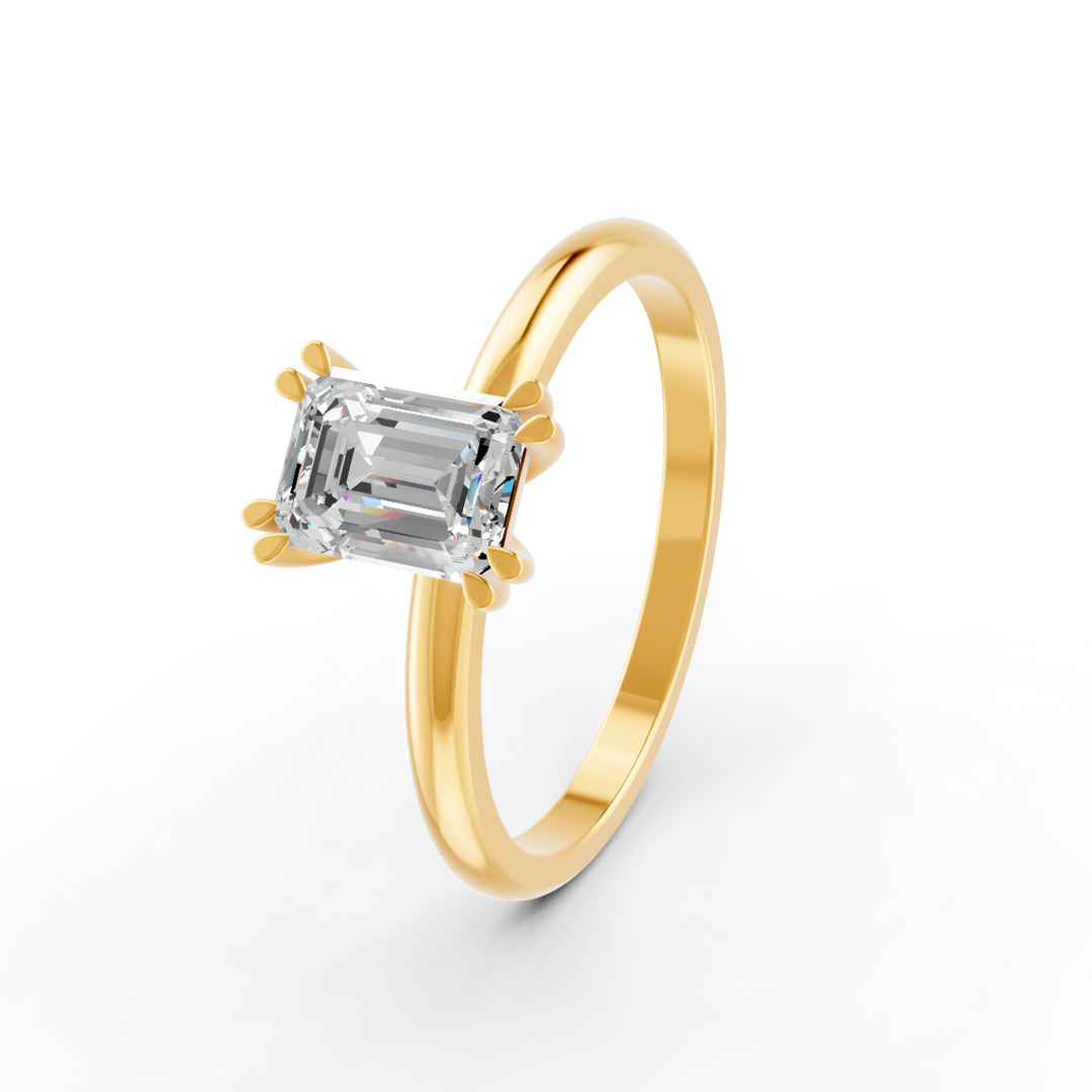 Emerald Cut Real Moissanite Double Prong Solitaire Ring 14K Gold Plated