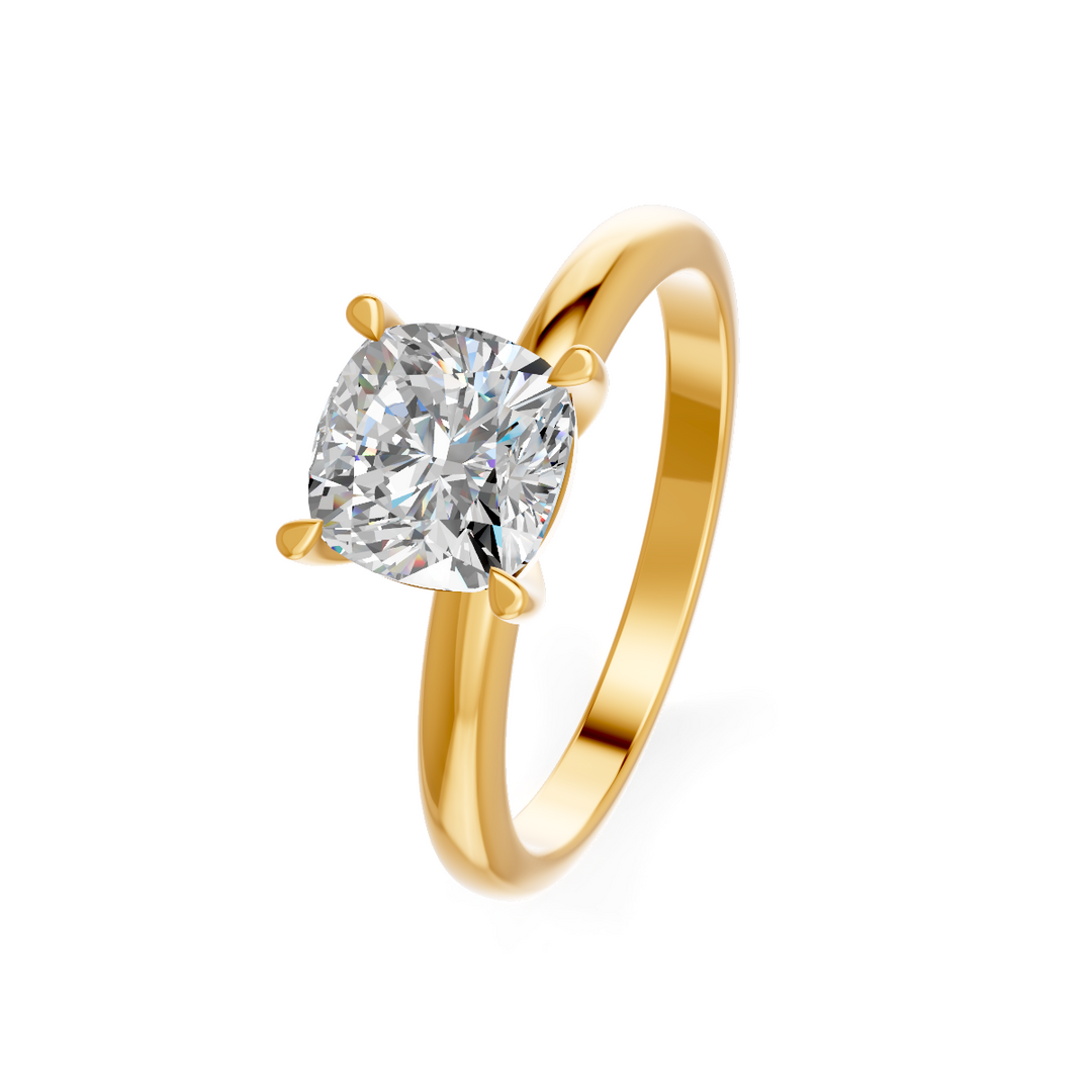 Cushion Cut Real Moissanite 4 Prong Solitaire Ring 14K Gold Plated