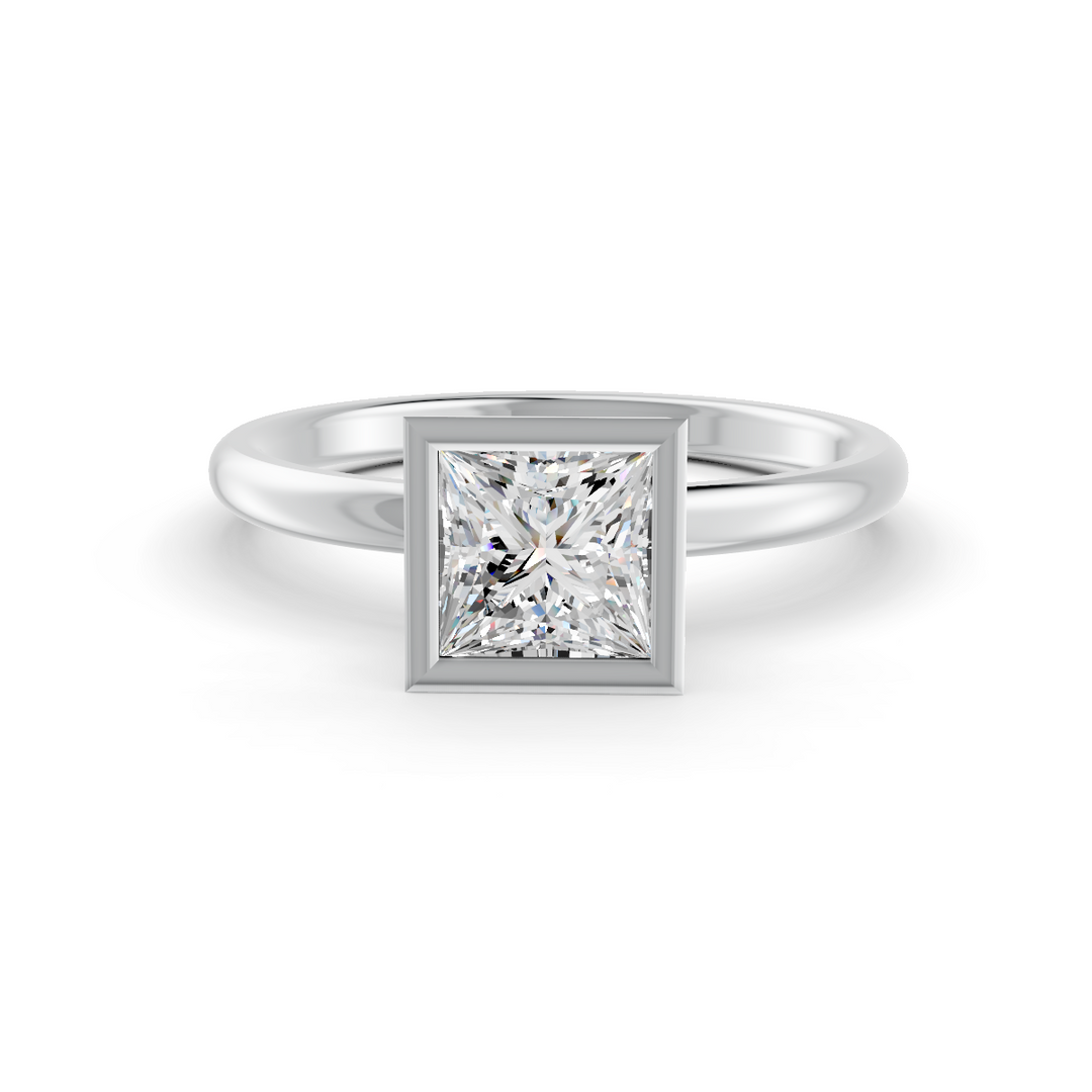 Princess Cut Real Moissanite Bezel Set Solitaire Ring 14K Gold Plated