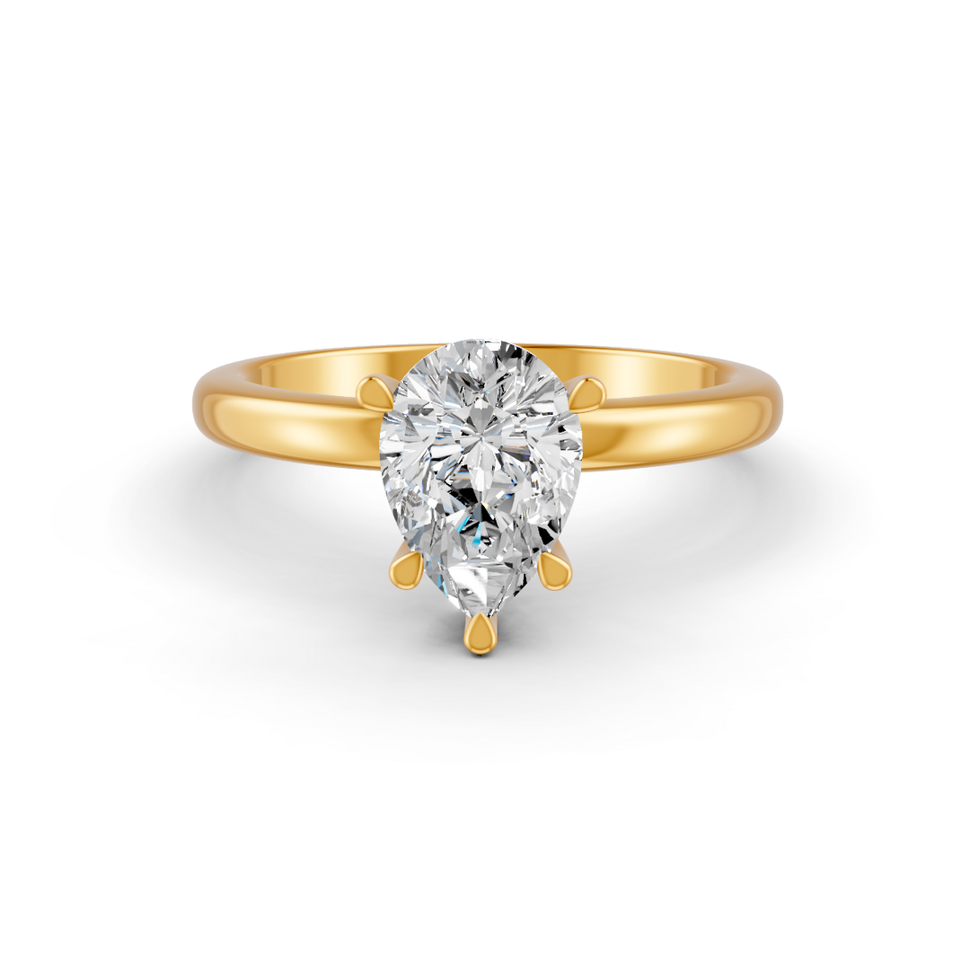 Pear Cut Real Moissanite 5 Prong Solitaire Ring 14K Gold Plated