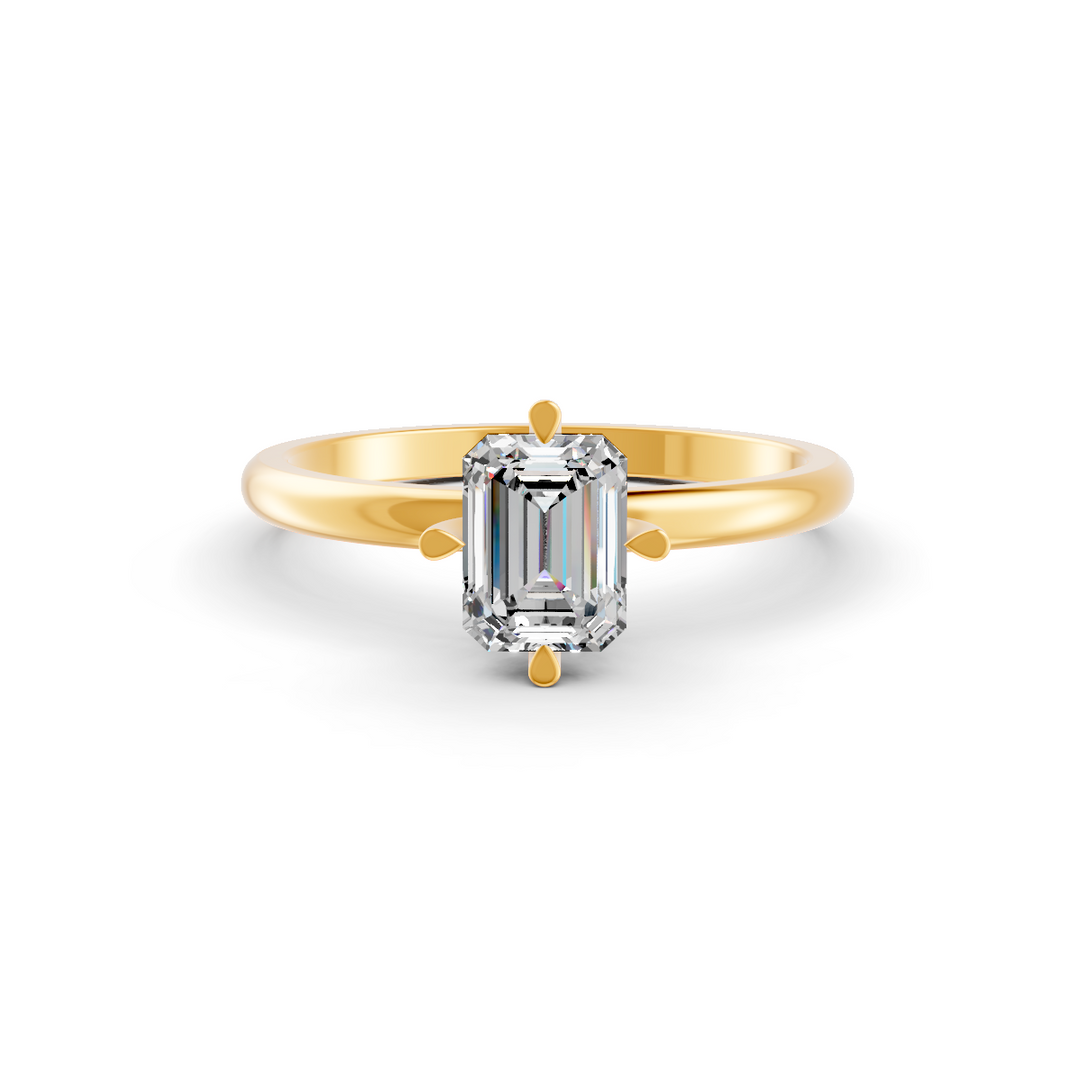 Emerald Cut Real Moissanite 4 Prong Solitaire Ring 14K Gold Plated