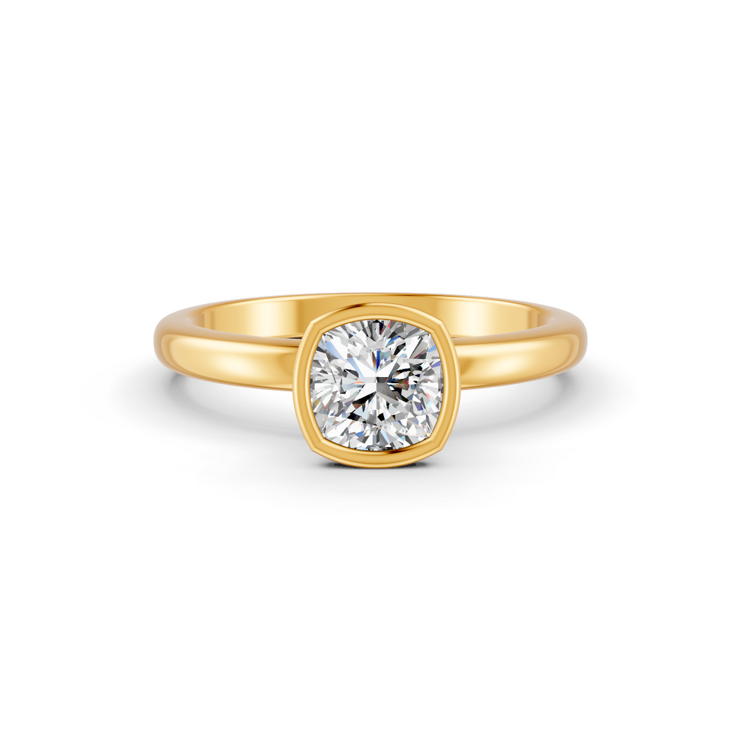 Cushion Cut Real Moissanite Bezel Set Solitaire Ring 14K Gold Plated