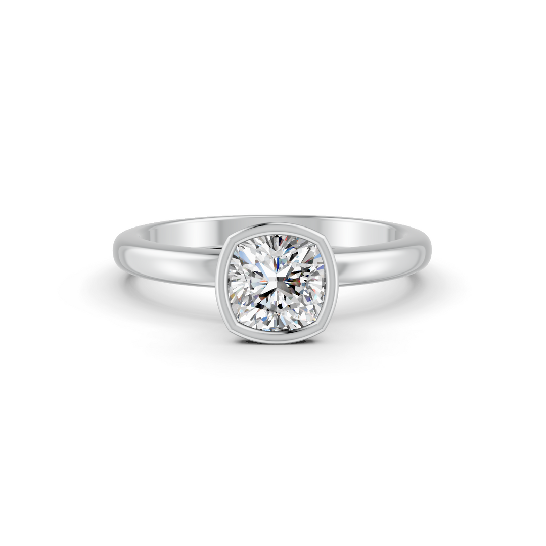 Cushion Cut Real Moissanite Bezel Set Solitaire Ring 14K Gold Plated