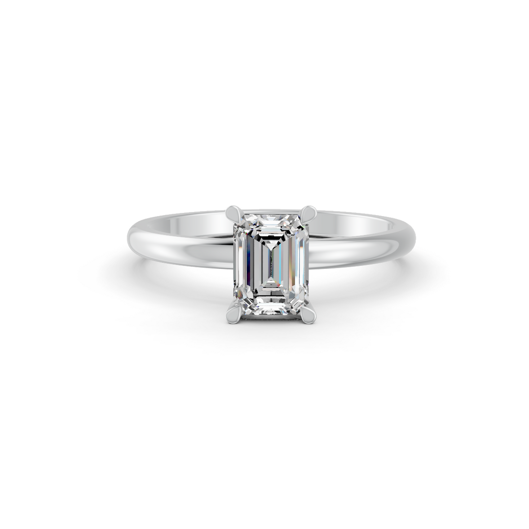 Emerald Cut Real Moissanite 4 Prong Solitaire Ring 14K Gold Plated