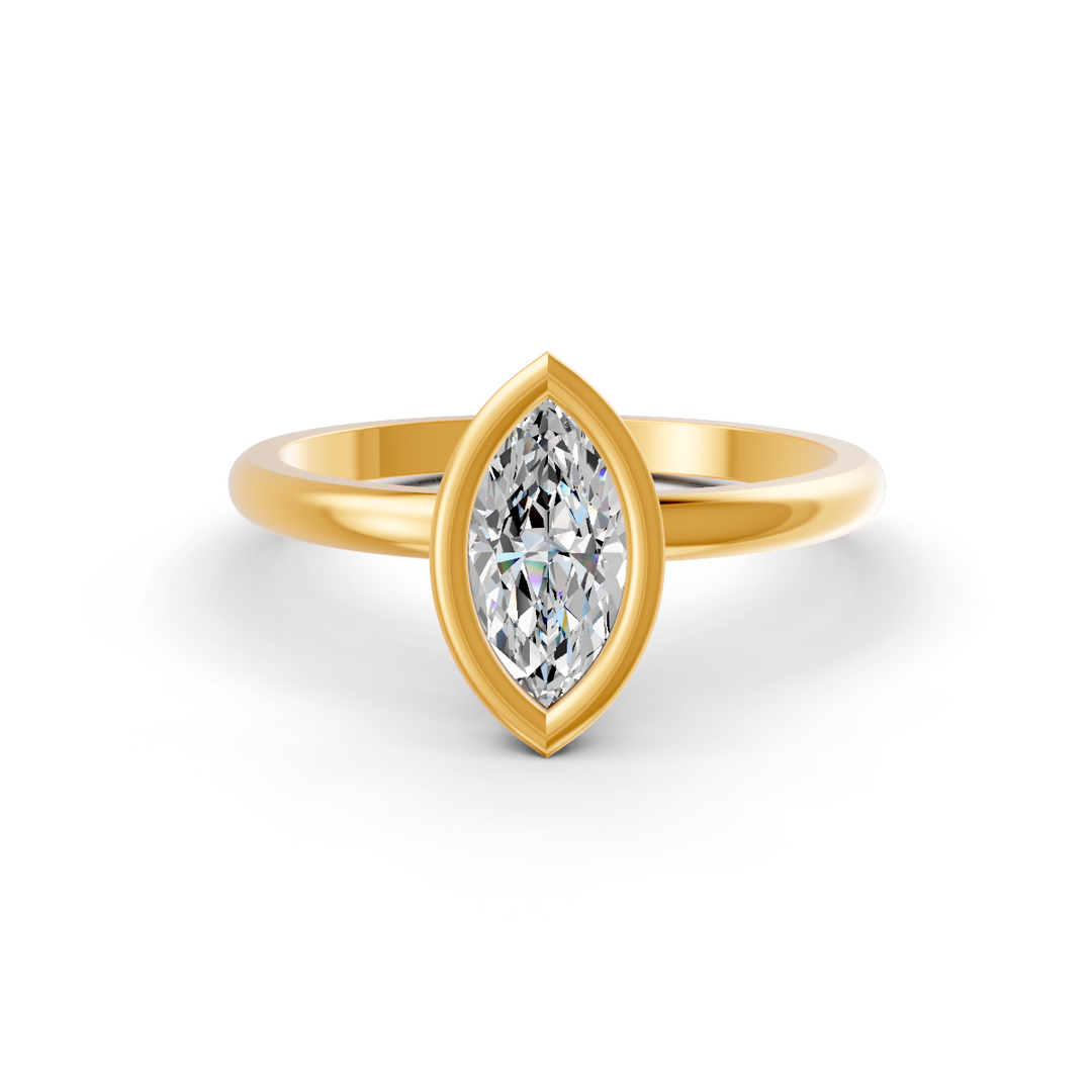 Marquise Cut Real Moissanite Bezel Set Solitaire Ring 14K Gold Plated