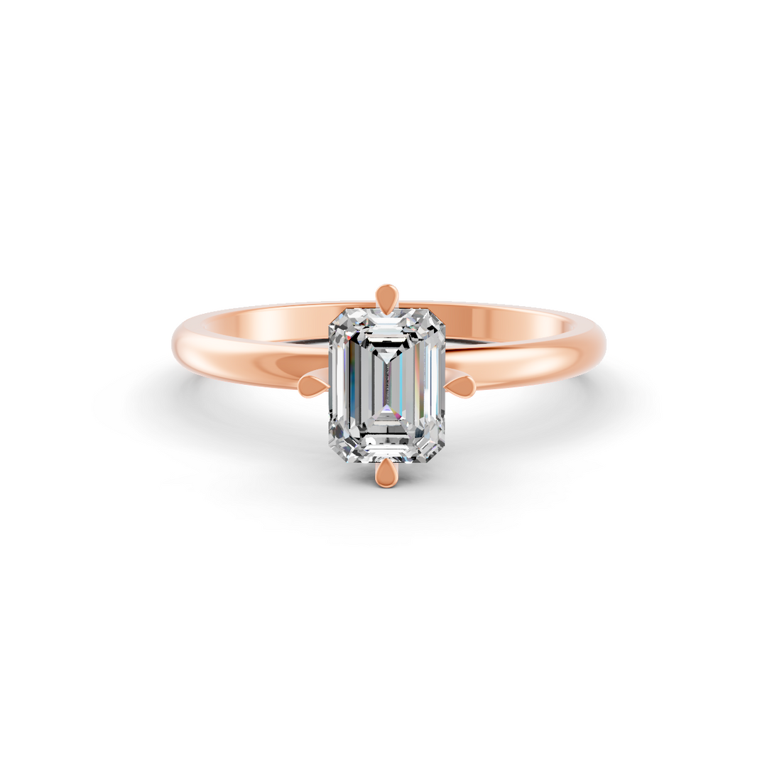 Emerald Cut Real Moissanite 4 Prong Solitaire Ring 14K Gold Plated