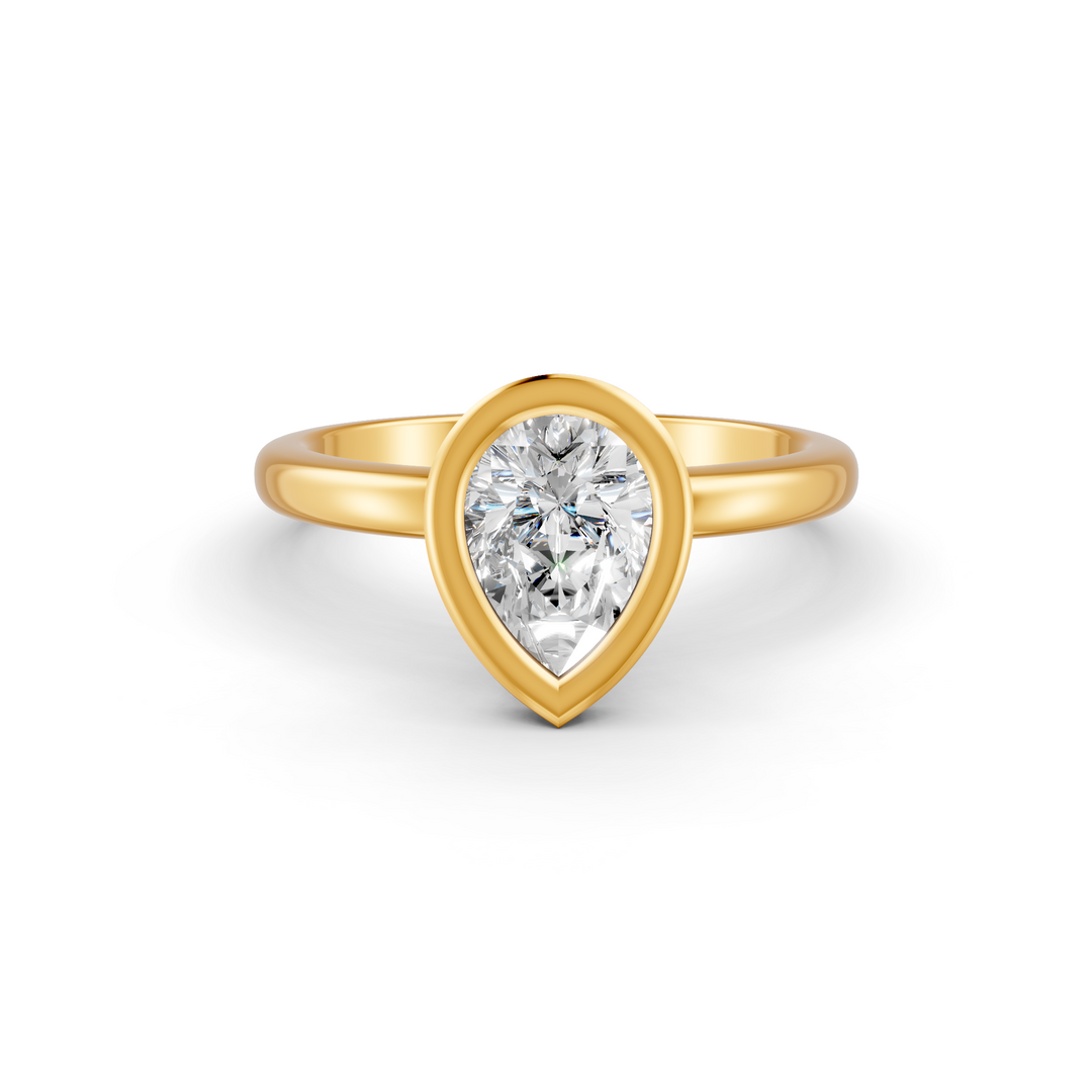 Pear Cut Real Moissanite Bezel Set Solitaire Ring 14K Gold Plated