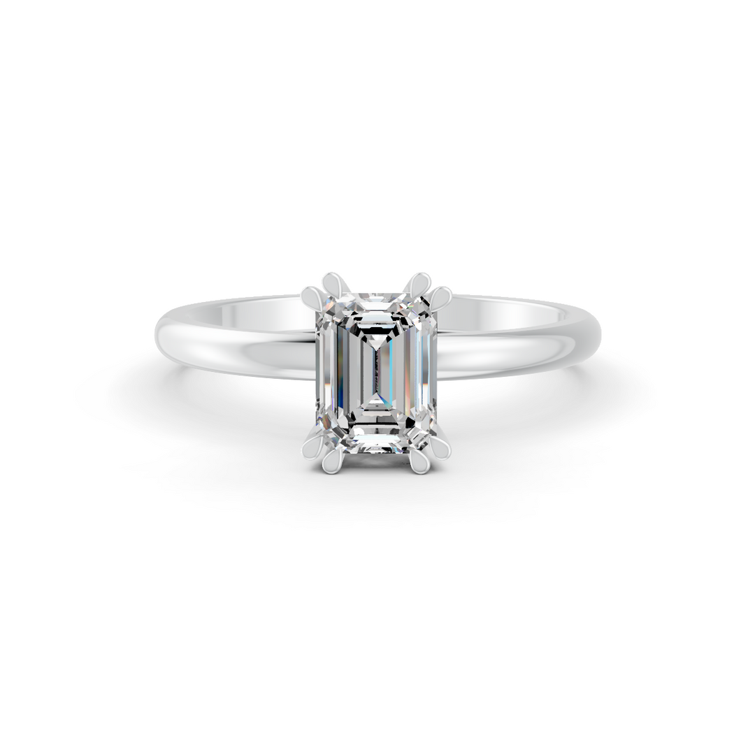 Emerald Cut Real Moissanite Double Prong Solitaire Ring 14K Gold Plated